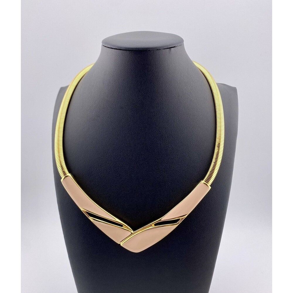 VTG Trifari Omega Choker Necklace, Gold Tone w/ Enamel Chevron Drop, c. 1970s